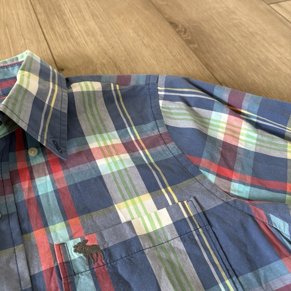 Abercrombie & Fitch Plaid Flannel Shirt Men's Large Blue Green Muscle Fit - Picture 5 of 8